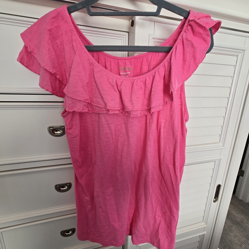 Lilly Pulitzer Bright Pink Ruffle Shoulder Tank